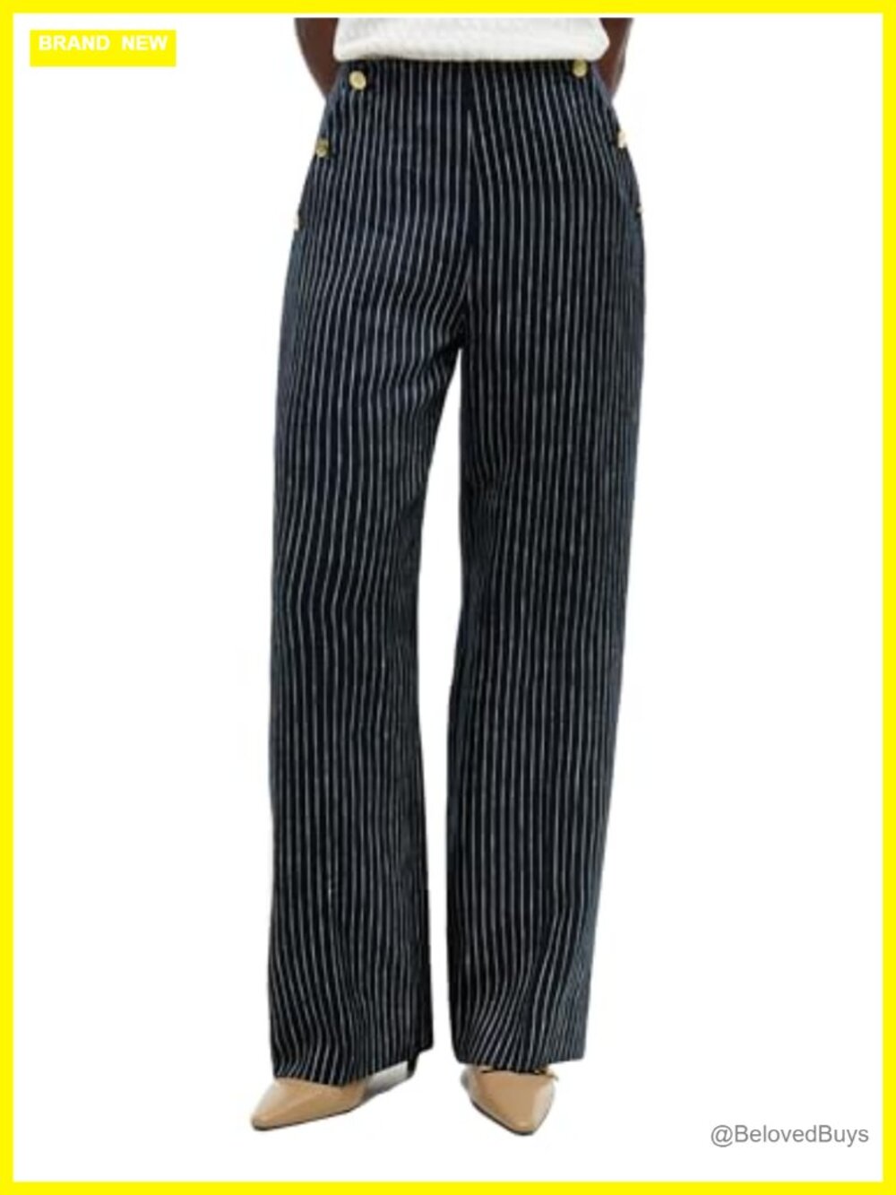 Linen Wide Leg Casual Pants with Pockets and Embellished Buttons
